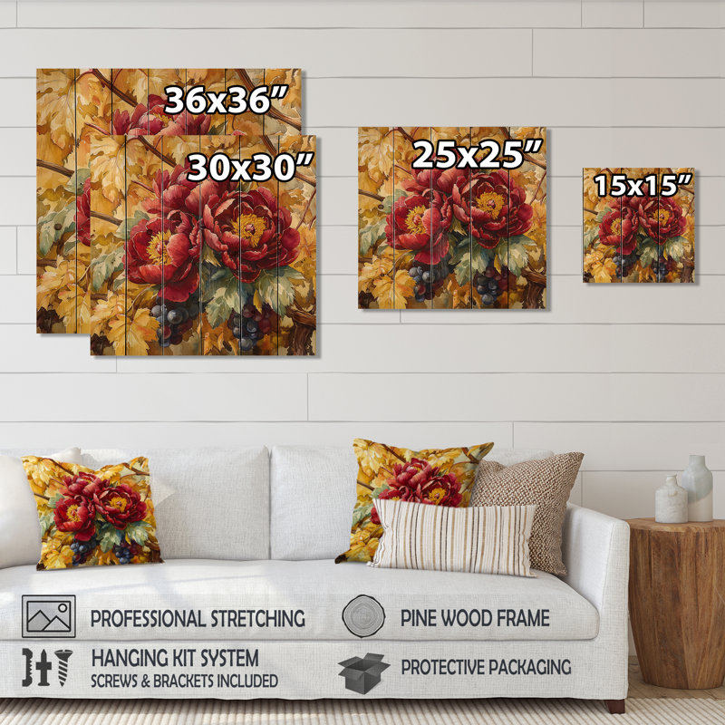 Pivoines et vigne d'automne II - impression de bois de pivoines - sur bois de pin naturel, H 36 po x l 36 po x P 0,78 po