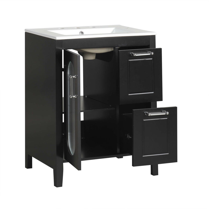 Meuble-lavabo 24 po avec lavabo, meuble-lavabo avec deux tiroirs et porte, tablette réglable, Noir