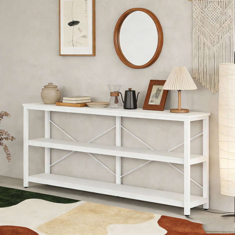 3-Tier Console Table Sofa Table with Metal Frame, White, 35.43" H x 70.87" W x 11.81" D