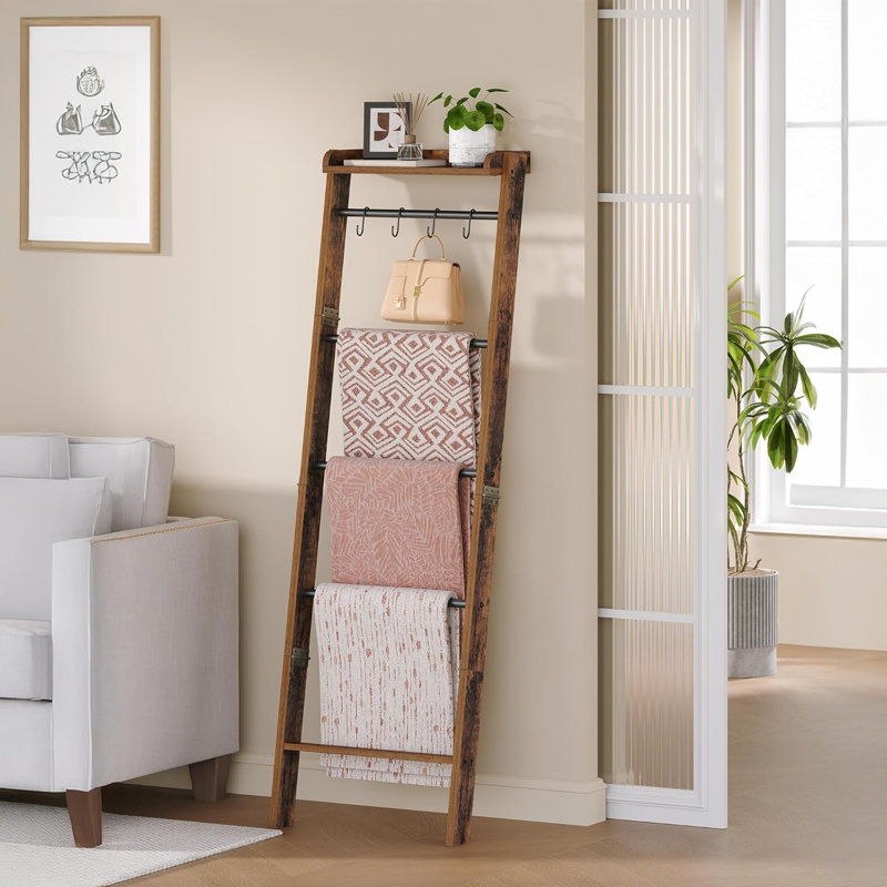 Échelle de couverture en bois rustique à 6 niveaux avec crochets amovibles, support de rangement pliant