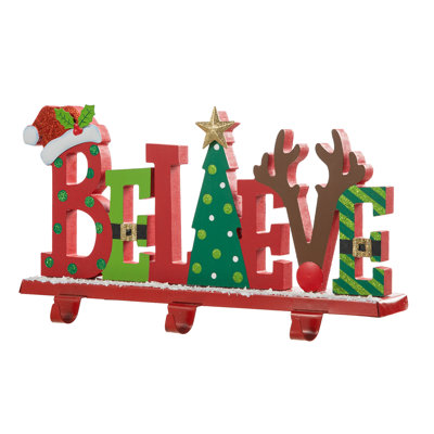 14.5"L Wooden/Metal "BELIEVE" Christmas Stocking Holder