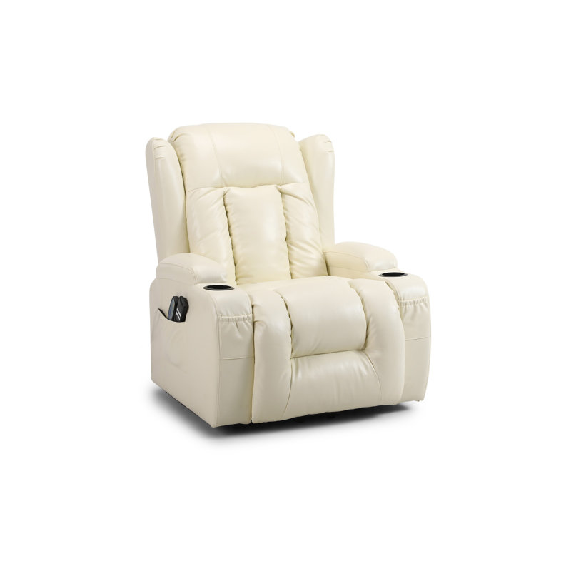 Convery Faux Leather Heated Massage Chair, Cream Leather Match