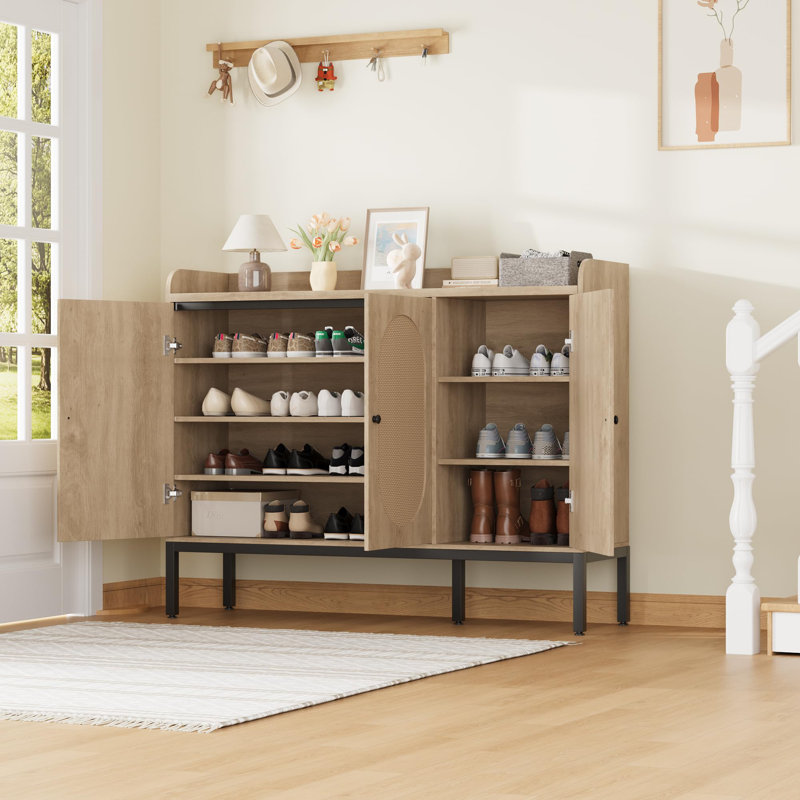 Shoe Cabinet With 3 Rattan Doors, 7-Tier Shoe Storage Cabinet With Adjustable Shelves, Natural