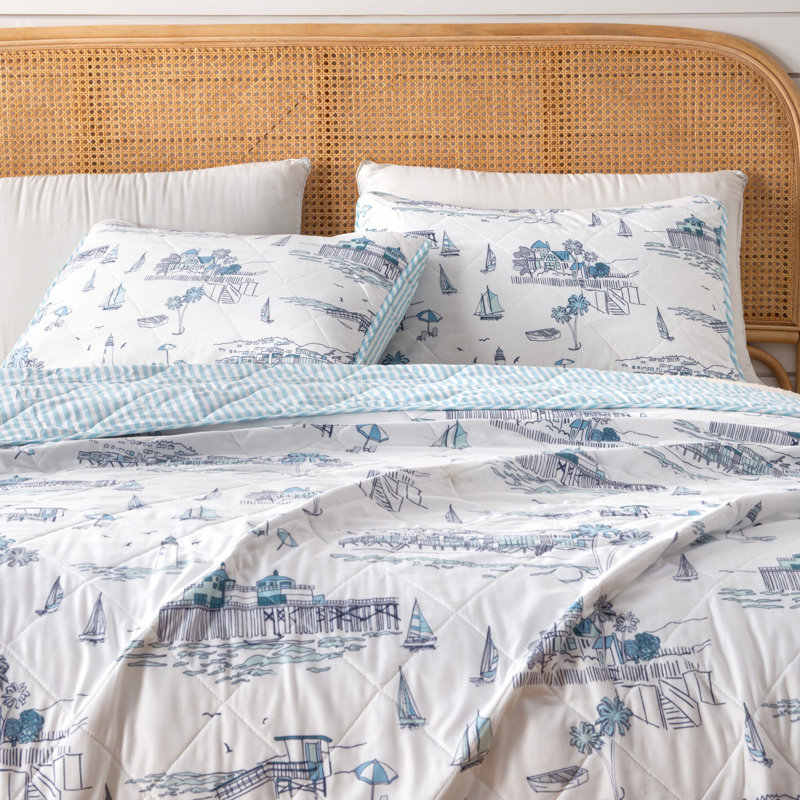 Full Blue Microfiber Coastal Reversible Quilt Set with Shams
