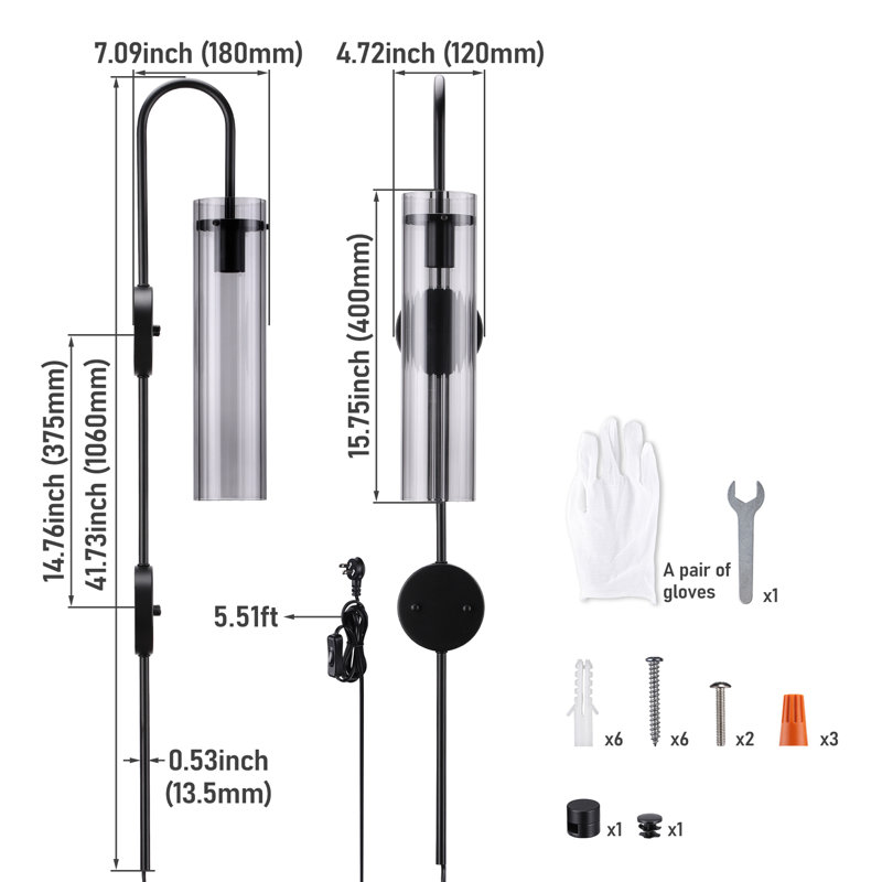 Applique murale moderne de 106 cm (41,73 po) avec abat-jour en verre côtelé pour couloir, à brancher ou à câble, 60 W max., culot E26, 120 V, noir et gris fumé