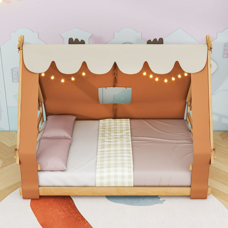 Wood House-Shaped Bed With Tent And Light, Full, Brown