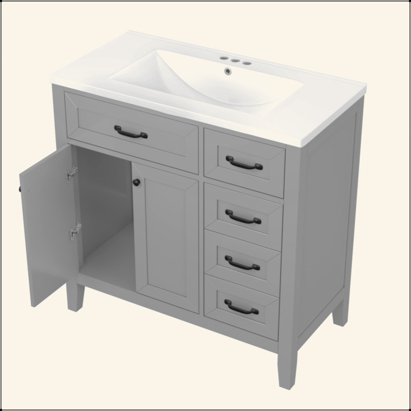Meuble-lavabo 36 po avec lavabo, armoire de salle de bain grise avec tiroirs, structure solide et panneau de fibres à densité moyenne