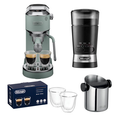 Dedica Duo Coffee Machine, Knock Box, Grinder & Latte Glasses Silver