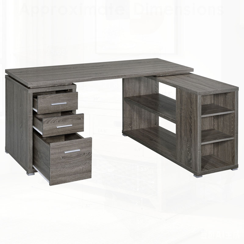 Bureau en forme de L gris avec 3 tiroirs Tona, parfait pour le bureau à domicile et pour un design peu encombrant.