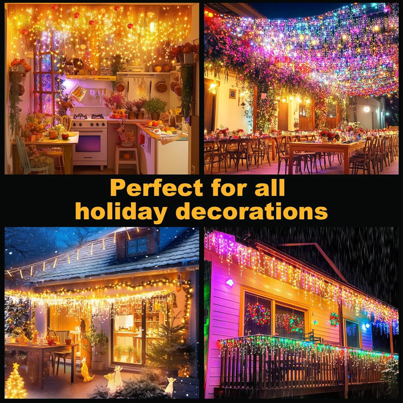 Guirlande de Noël de 98 pi avec 1280 DEL d'extérieur, imperméable, 8 modes, avec application et télécommande pour décorations de toit pour l'extérieur de la maison - blanc chaud et multicolore