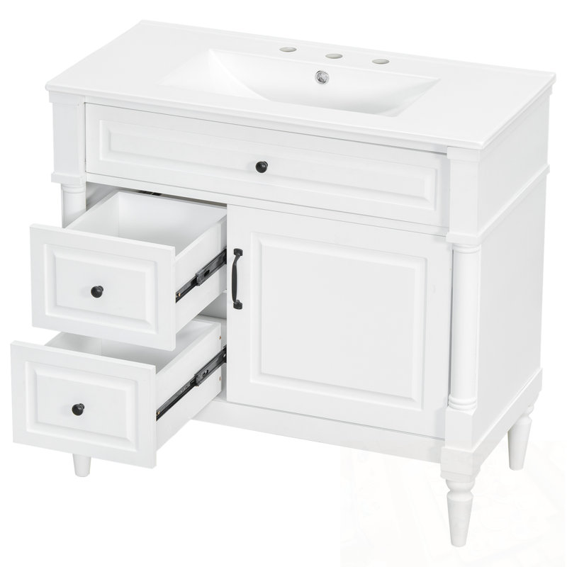 Meuble-lavabo avec lavabo, tiroir rabattable et tablette réglable, Blanc