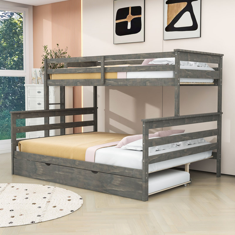 Wood Frame Twin XL Over Queen Bunk Bed with Trundle, Gray