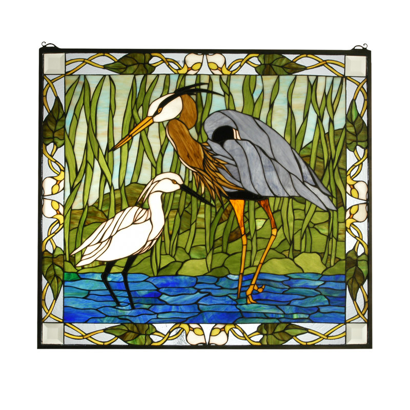 Vitrail l 30 po x H 27 po Héron bleu et aigrette enneigée