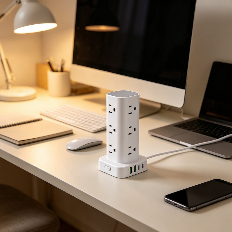 6 in 1 Power Strip Tower with USB: This surge protector power strip tower extends one socket to multiple outlets – 12 AC outlets and 4 smart USB ports (2 USB-A and 2 USB-C). Charge up to 16 devices simultaneously, keeping your desktop organized. Turns a