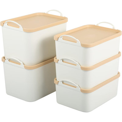 White Plastic Storage Bins Baskets with Lids, 5-Pack, Sturdy PET, with Handles, Stackable, Opaque Storage Boxes, for Closet Shelves Desk, Wheat Lids