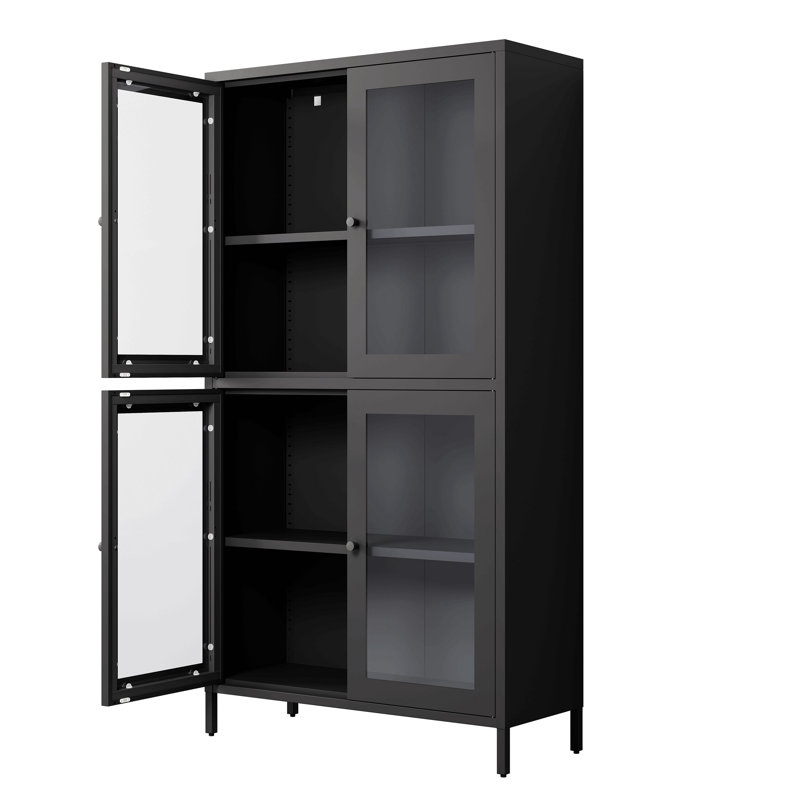 Classic Metal Storage Cabinet Display Cabinet With 4 Glass Doors 4 Shelves Cabinet Freestanding Bookcase Side Cabinet For Home Office Living Room Kitchen Hallway