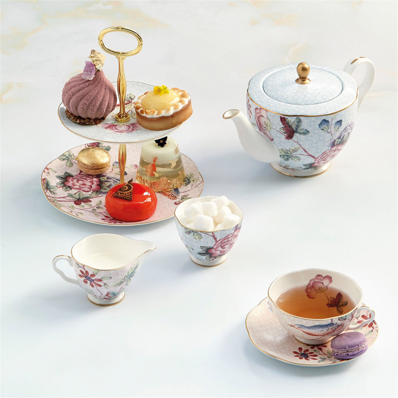Cuckoo White/Peach/Blue Teacup & Saucer