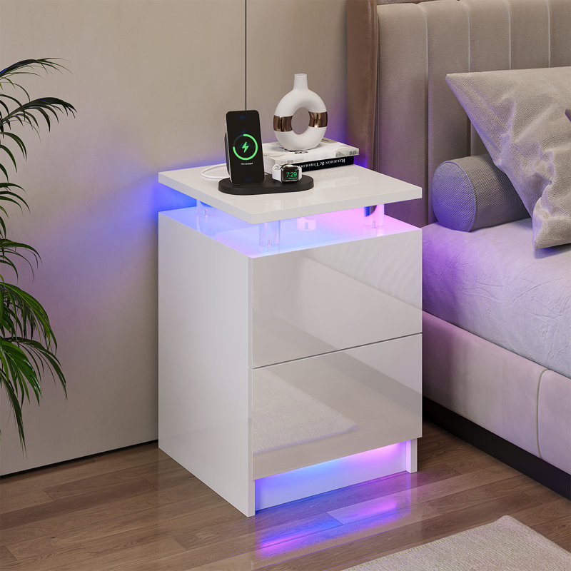 Kelsch 15" W Nightstand With LED Lights, Night Stand With 2 Storage Drawers, White