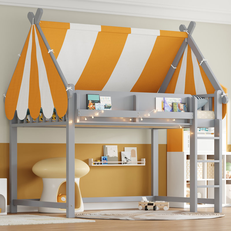 Kids Loft Bed With Canopy, Front Book Shelf, Wood Frame, With Led String Lights, Contemporary, Kids Bedroom, Gray, Full
