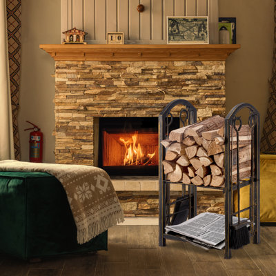 Roul 5 Pieces Firewood Rack Indoor  Fireplace Tools Set Fire Wood Holder with Tongs Poker Brush