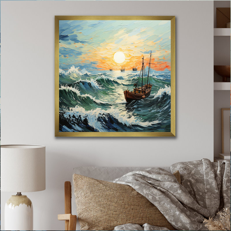 Paysage marin de Vangogh avec pêche I, Cadre doré à une seule photo, H 16 po x l 16 po x P 1 po