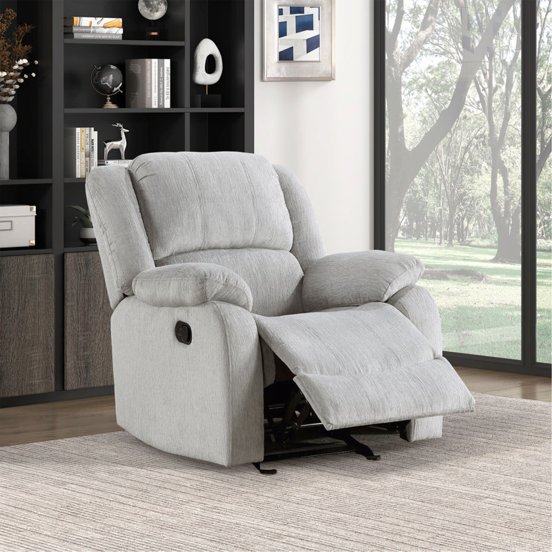 Modern Reclining Chair Gray Chenille Upholstered Pillowtop Arms Solid Wood Frame 1Pc Living Room Furniture Gentle Gliding Motion Recliner