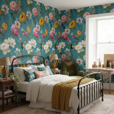 Floral Wallpaper Teal Modern Removable Wall Decor
