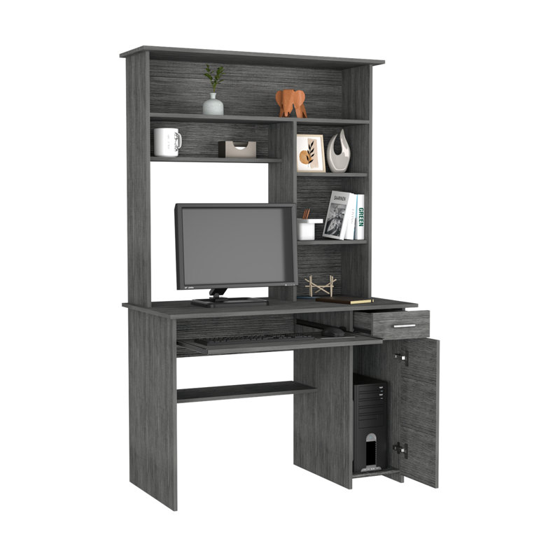 Bureau d'ordinateur Smokey Oak avec huche spacieuse et tablette inférieure, parfait pour l'organisation et l'efficacité du bureau à domicile.