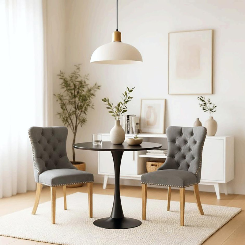 Dining Table Set,  24" Round Dining Table And 2 Velvet Dining Chairs With Gold-plated Legs, Black, Gray