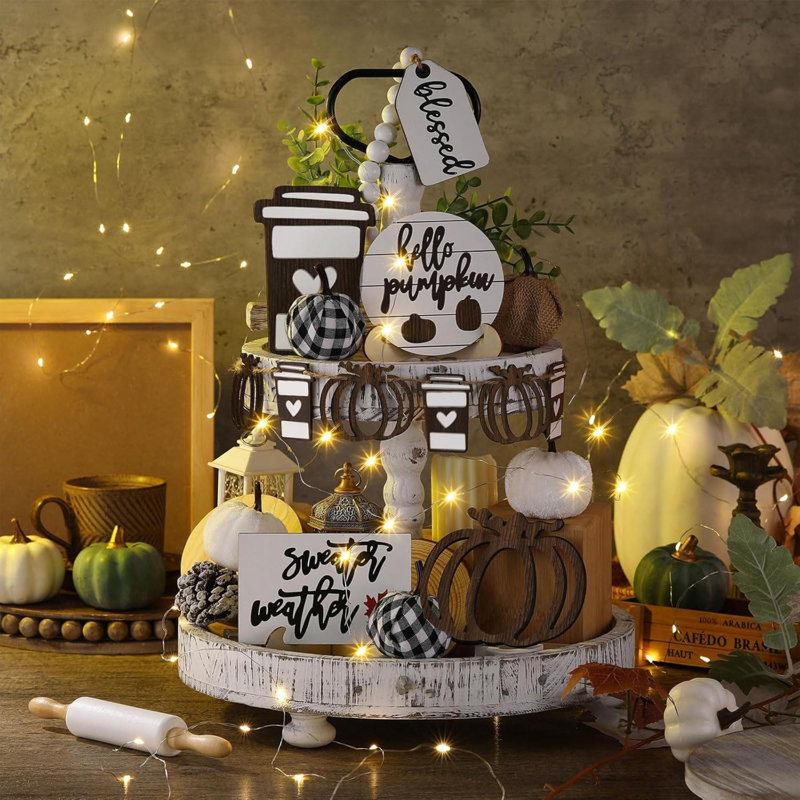 Ensemble de 19 décorations de plateau rustique d'automne rustique d'automne, ensemble de décoration de maison de campagne d'automne, décor d'automne rustique de citrouille, plateau d'automne à plusieurs niveaux, signe de plateau de table pour la cuisi