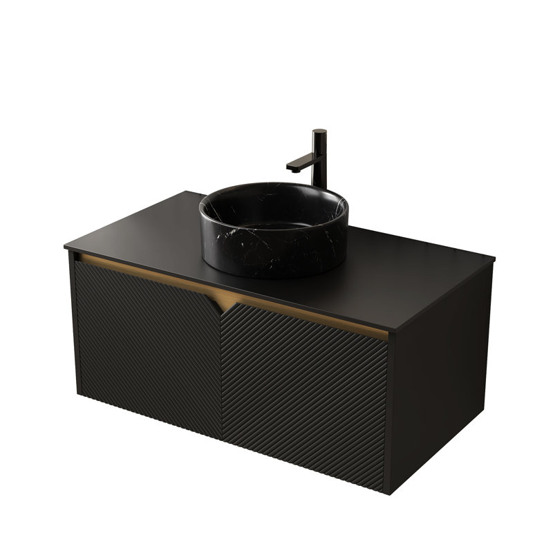 Armoire de salle de bain murale en contreplaqué noir 36 po avec dessus en pierre frittée, sans lavabo, robinet, mécanisme de fermeture en douceur