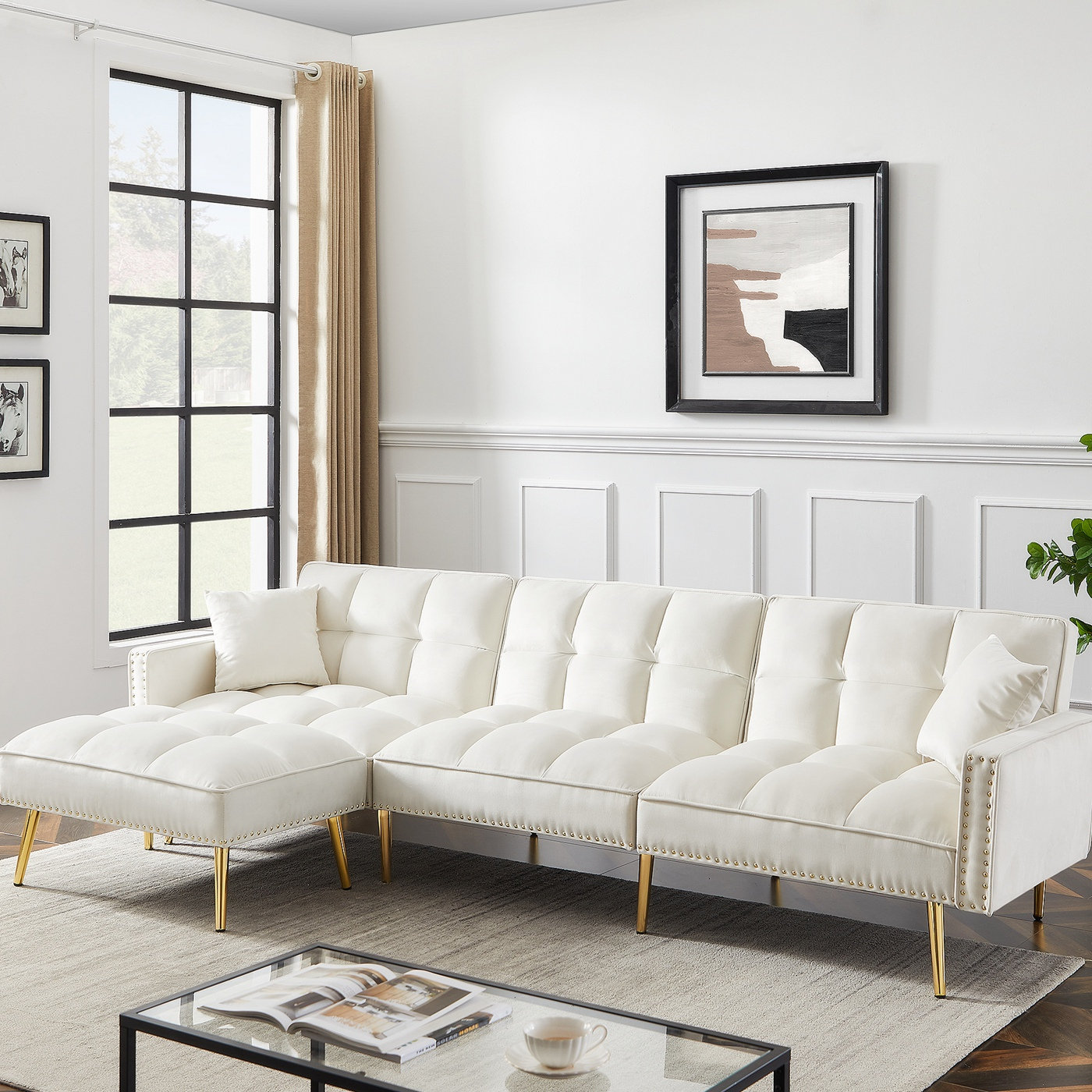 GZMWON Modern 107'' Velvet Sofa Bed Lounge Couch with Chaise | Wayfair