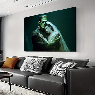 Large Gallery Wrapped Canvas Wall Art Print, Frankenstein's Monster and Bride in White Gown Art for Living Room & Bedroom