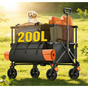 200L Collapsible Festival Wagon | Adjustable Height Camping Trolley With All-Terrain Wheels & Cup Holder, Perfect For Picnics, Hiking & Garden Transport