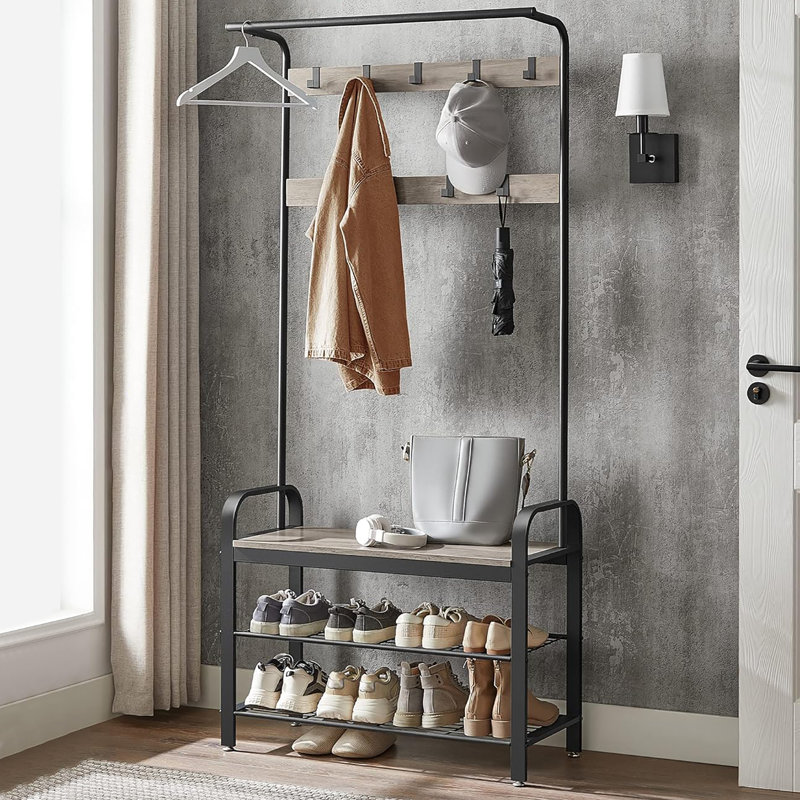 Arbre d'entrée 33 po 4 en 1 pour vestibule, portemanteau avec banc à chaussures, 9 crochets amovibles et tringle à vêtements