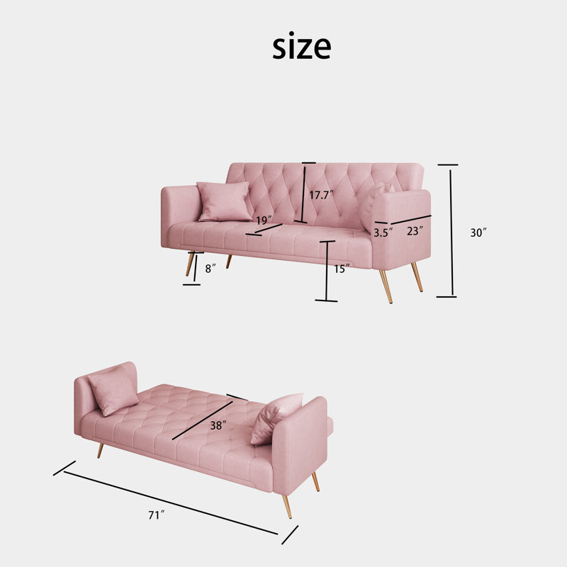 Canapé-lit 71 po en velours convertible avec pieds en métal doré, futon réglable à 3 positions avec 2 coussins, rose rétro