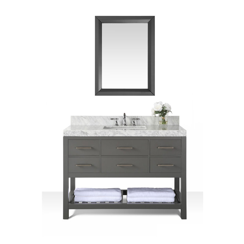 Ensemble de meuble-lavabo simple 48 po avec miroir Carrie, Blanc de Carrare, Gris saphir, Nickel