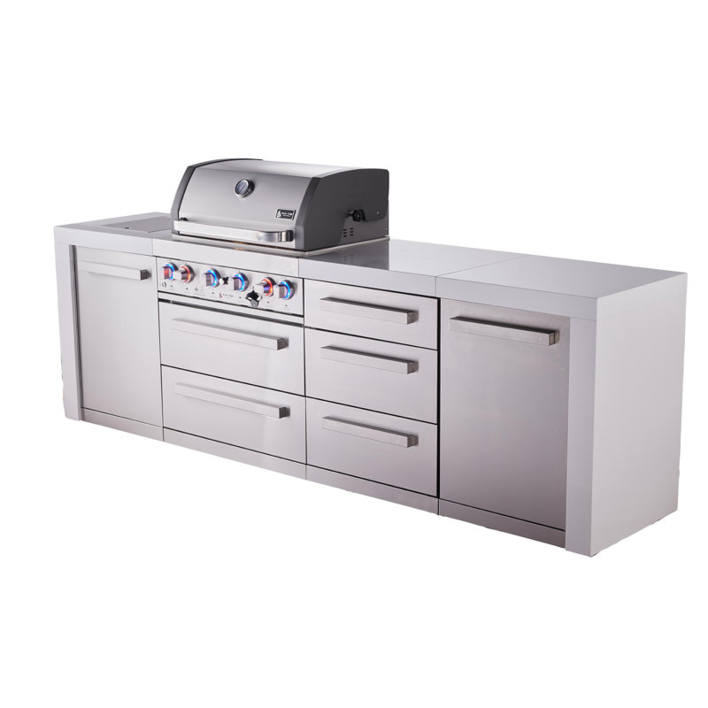 Mont Alpi Premium 4-burner 107" Deluxe Stainless Steel Island Modular Outdoor Kitchen Island Bbq Gas Grill + Infrared Side Burner + White Granite Countertops + Storage Drawers & Cabinets + Rotisserie