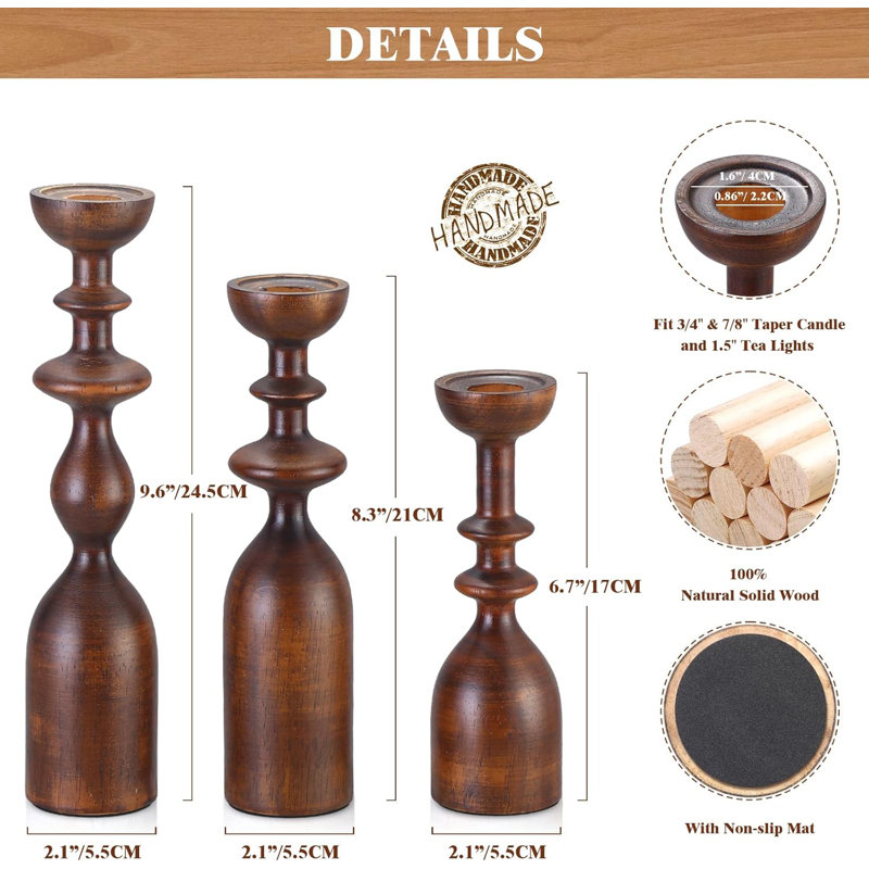 Rustic Brown Wood Tabletop Candlestick Holders Set