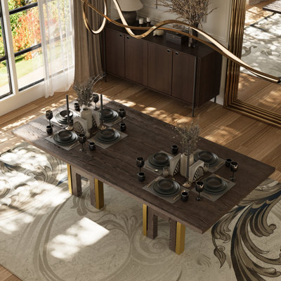 94 Inch Wood Dining Table With H-Shaped Wood Base And Polished Gold U-Shaped Base by Mercer41