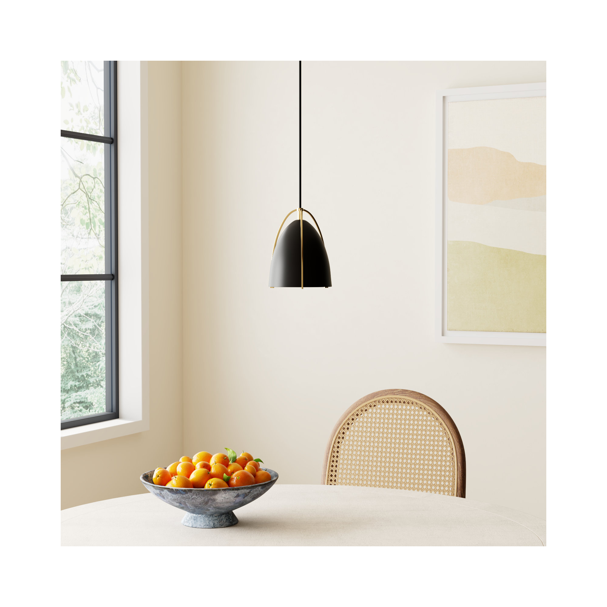 Nikki Single Light Metal Steel Dimmable Pendant, Satin Brass, 7.5" H x 6.25" W x 6.25" W, Black