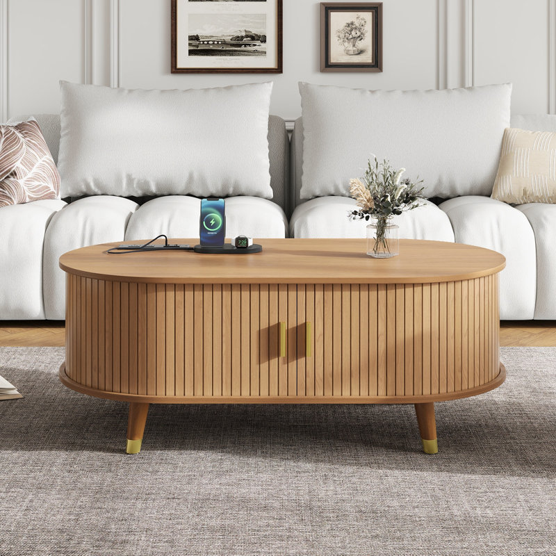 Coffee Table With Charging Station,Sliding Tambour Door & Storage, Natural