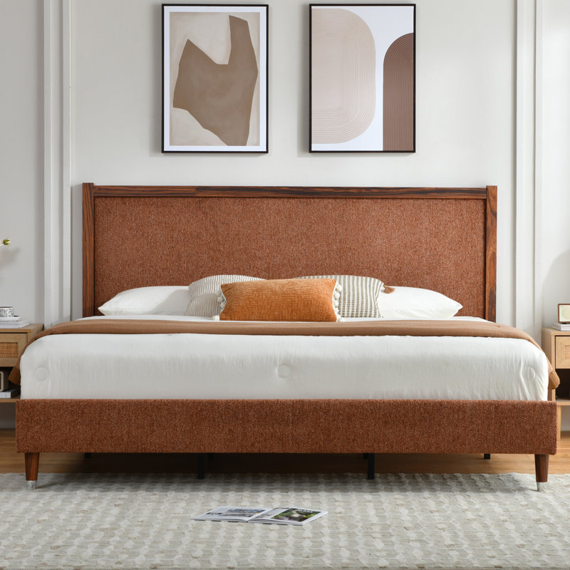 Wooden platform bed with upholstered base, Ocher, King