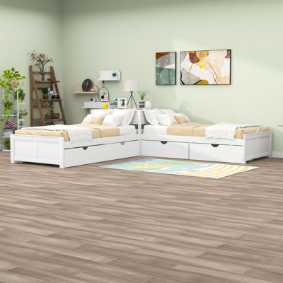 Twin Size 2 Drawers L-shaped Platform Beds with Trundle and Built-in Table