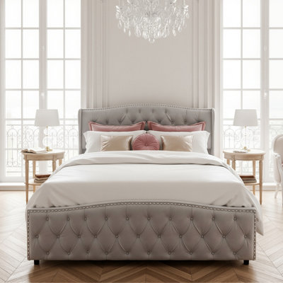 Velvet Ottoman Bed With Tufted Wingback & Nailhead Trim, Storage Bed Frame, European Double & King Size, Grey