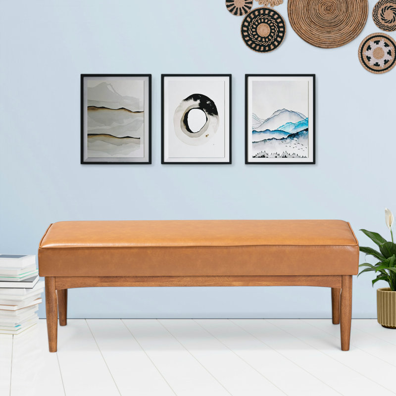Arvid 47'' Walnut Brown and Tan Faux Leather Mid-Century Dining Bench