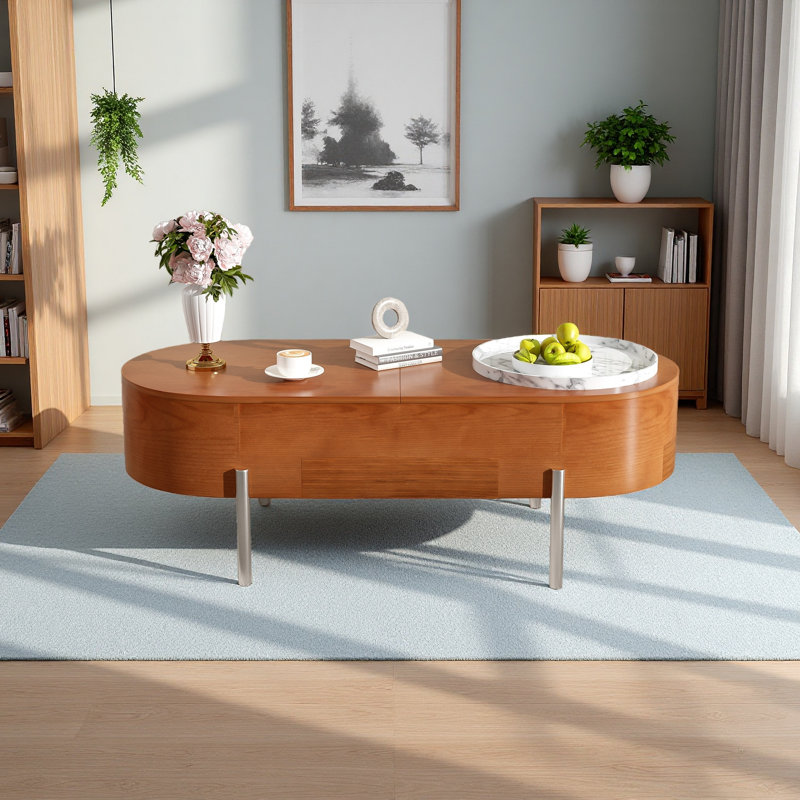 Table basse à plateau relevable de 47,2 po avec plateau tournant à motif de marbre à 360 degrés, compartiment caché, table centrale en bois partiellement assemblée