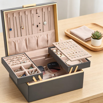 Organisateur de boîte à bijoux, étui de rangement pour bijoux à 2 couches pour colliers, boucles d'oreilles, bracelets, conception pliable et extensible avec doublure en velours, extérieur en similicuir, organisateur de meuble-lavabo peu encombrant