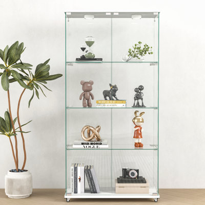 Vitrine moderne en verre avec lumières à DEL, armoire antique à assemblage rapide, bibliothèque en verre trempé, convenant au salon et aux chambres à coucher, 2 portes et 4 tablettes
