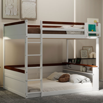 Grand lit superposé en bois avec tablettes intégrées, boîte de rangement, éclairage à DEL et station de charge USB